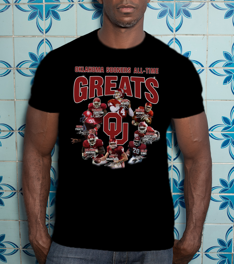 Oklahoma Sooners All-Time Greats Greg Pruitt Derrick Clayton Josh Heupel Gerald McCoy DeMarco Murray Sam Bradford Adrian Peterson Billy Sims T-Shirt