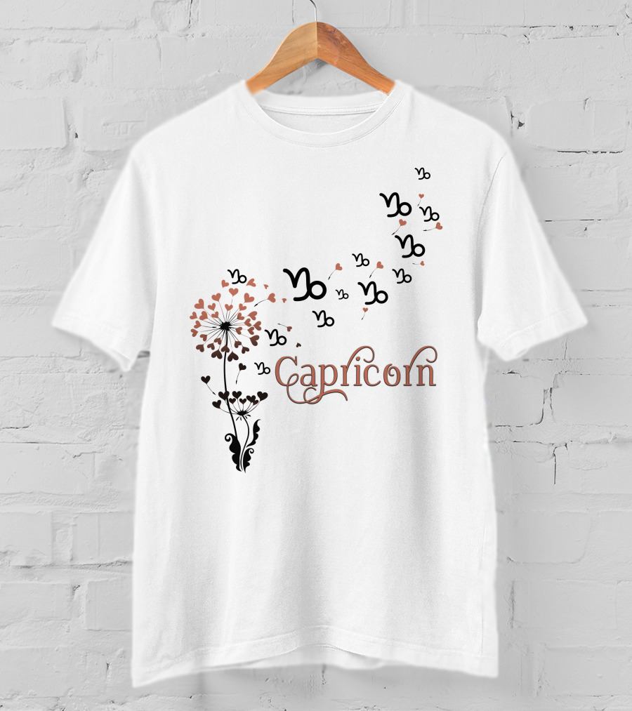 Capricorn Zodiac Sign With Heart Flower And Symbol Motif T-Shirt