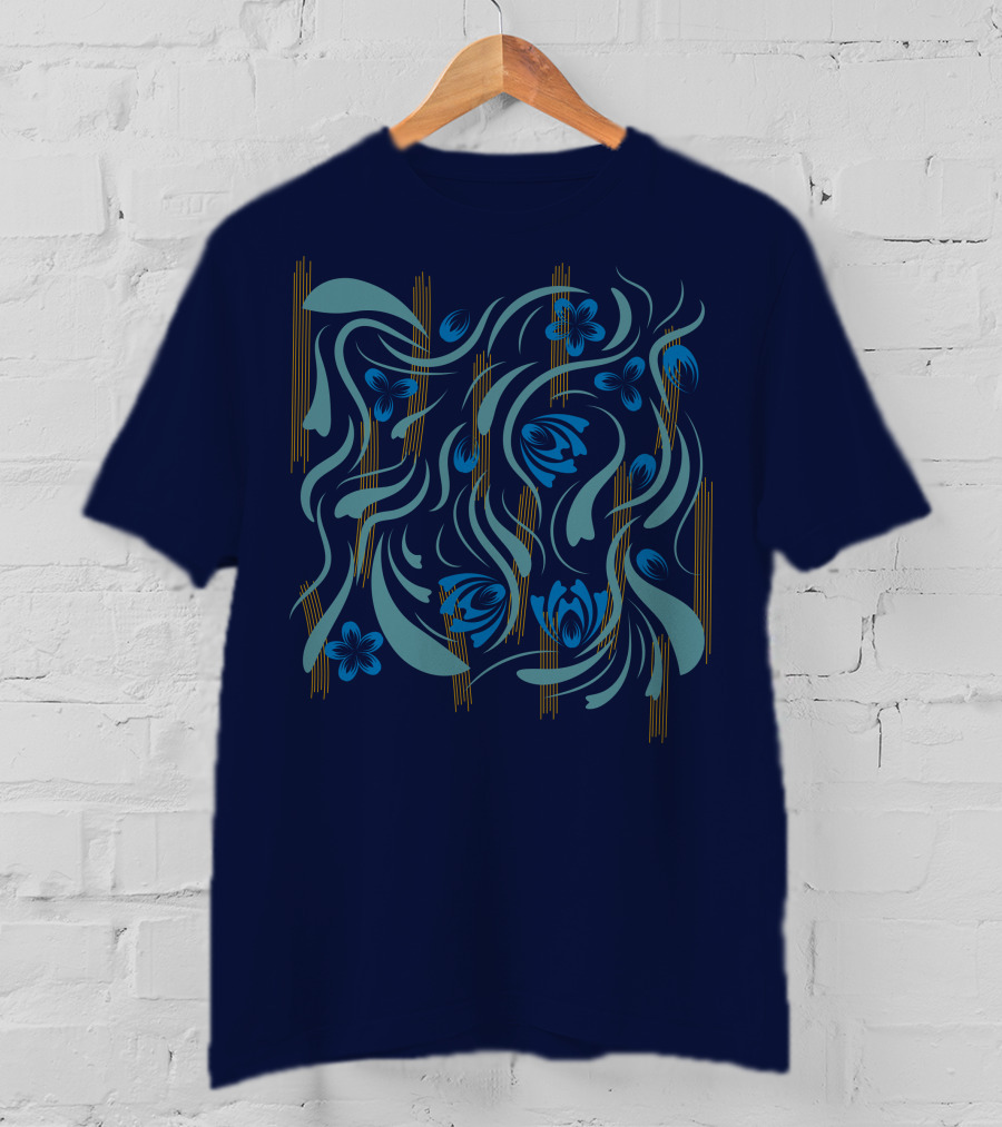 Folk Flowers Pattern Blue And Gold Floral Motif T-Shirt