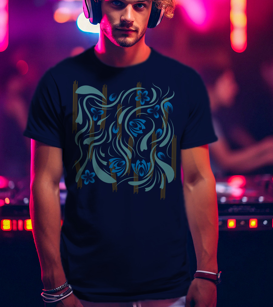Folk Flowers Pattern Blue And Gold Floral Motif T-Shirt