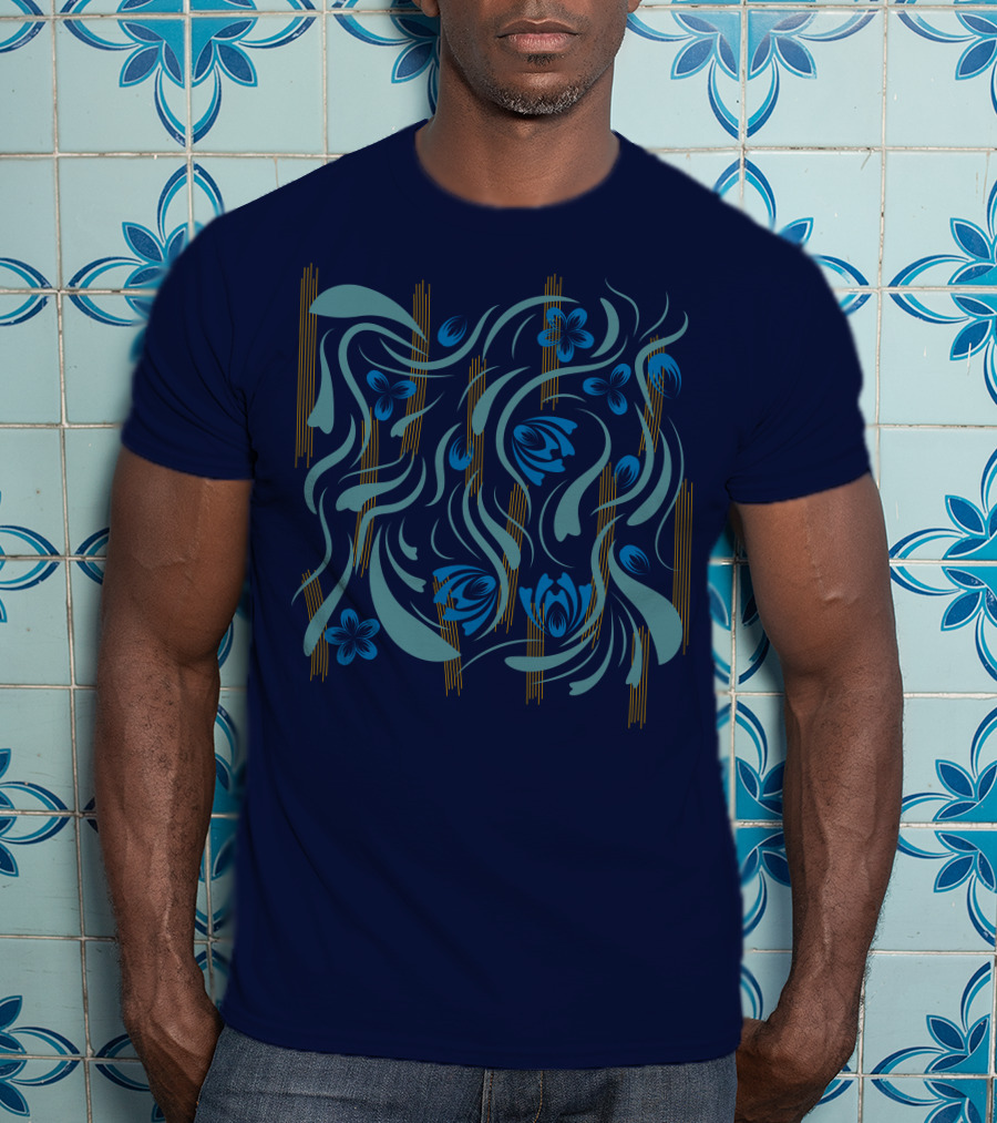 Folk Flowers Pattern Blue And Gold Floral Motif T-Shirt