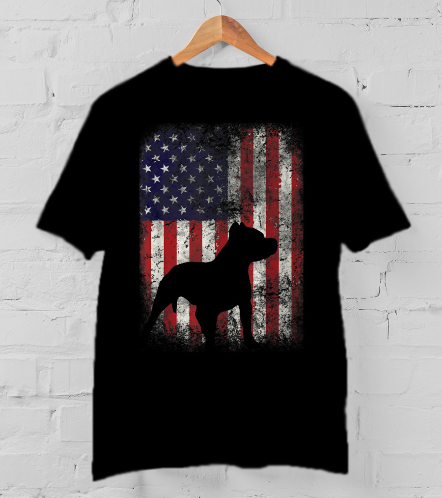 Pitbull Silhouette Against American Flag USA Patriotic T-Shirt