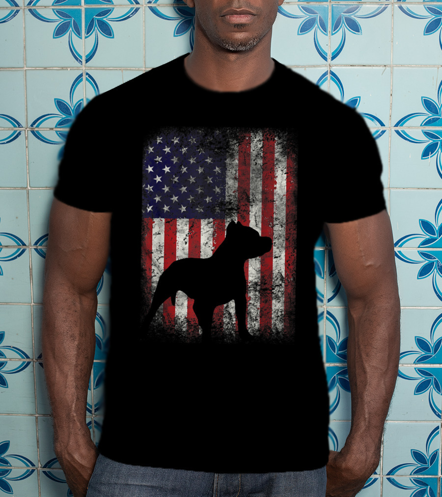 Pitbull Silhouette Against American Flag USA Patriotic T-Shirt