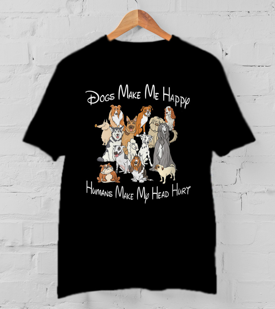 Dogs Make Me Happy Humans Make My Head Hurt With Illustrated Dog Breeds T-Shirt