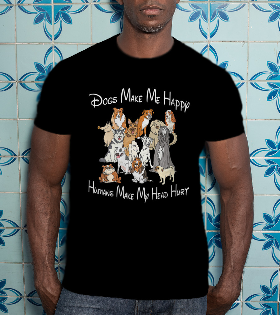 Dogs Make Me Happy Humans Make My Head Hurt With Illustrated Dog Breeds T-Shirt