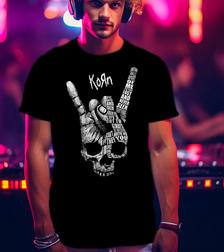 Korn Skull Hand Gesture With Text Phrases T-Shirt