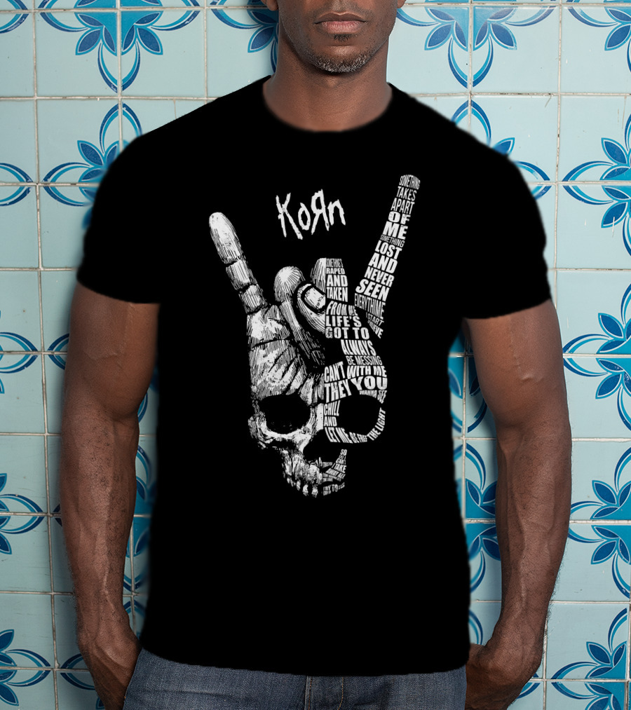 Korn Skull Hand Gesture With Text Phrases T-Shirt