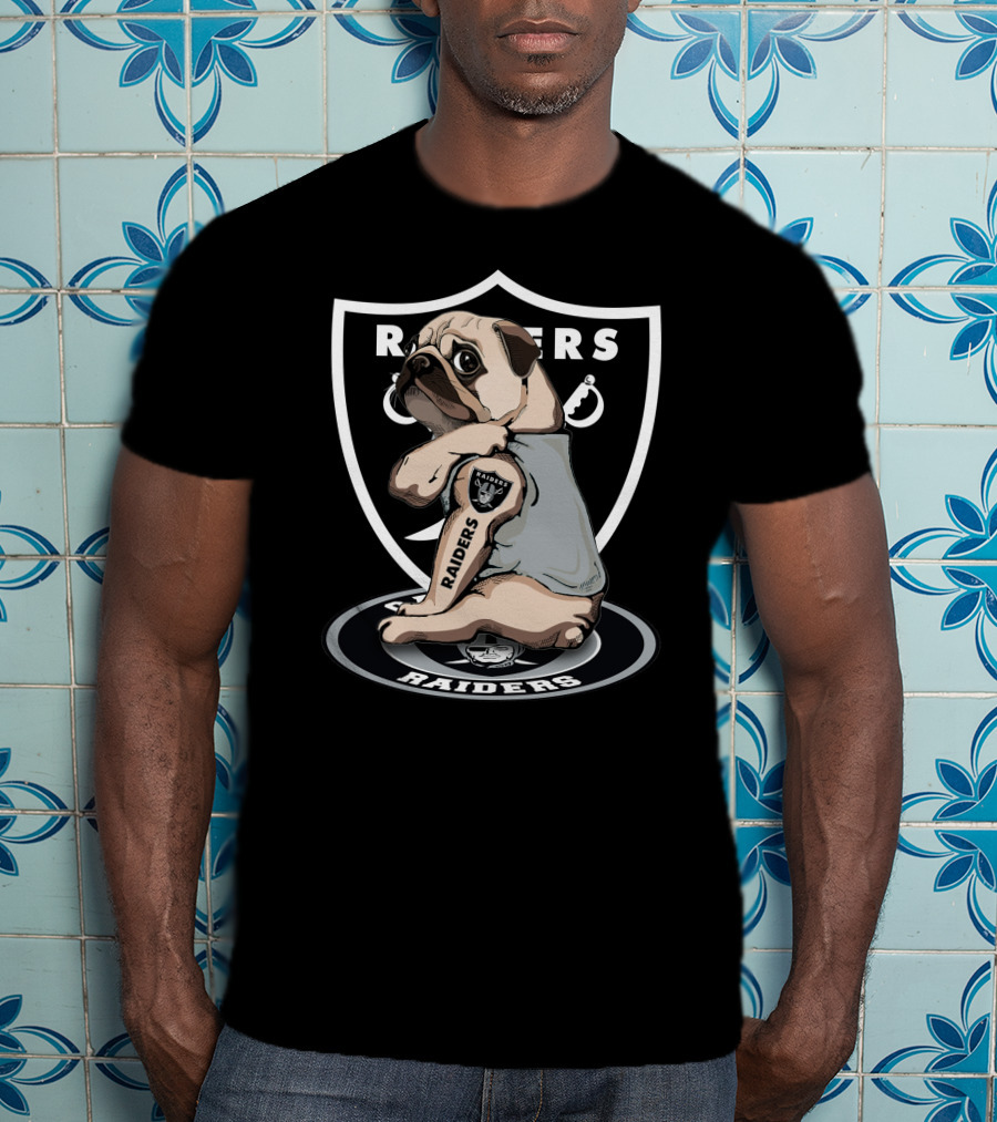 Pug Raiders NFL Team Parody With Tattoo And Shield T-Shirt