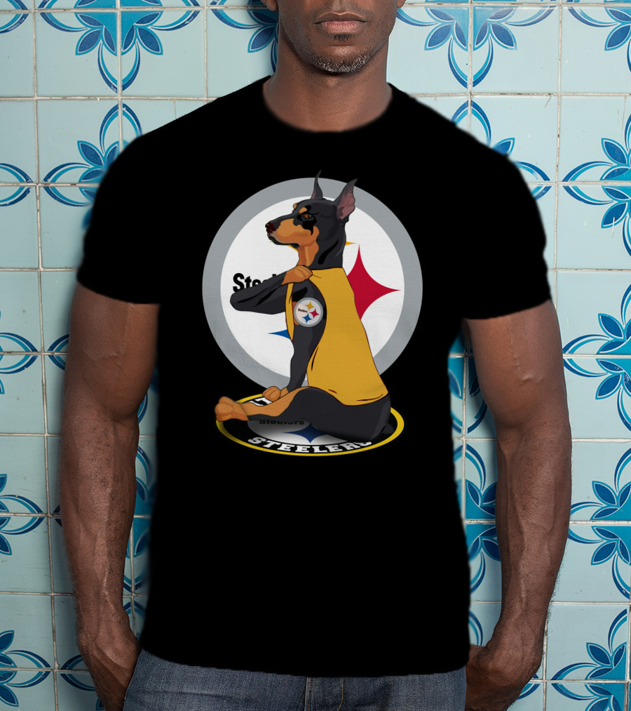 Steelers Dobermann Sitting On Steelers T-Shirt