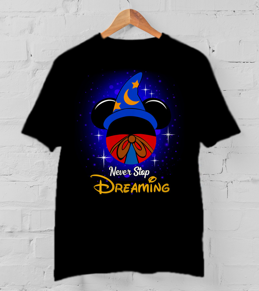 Never Stop Dreaming Mickey Fantasia Hat Moon And Stars T-Shirt