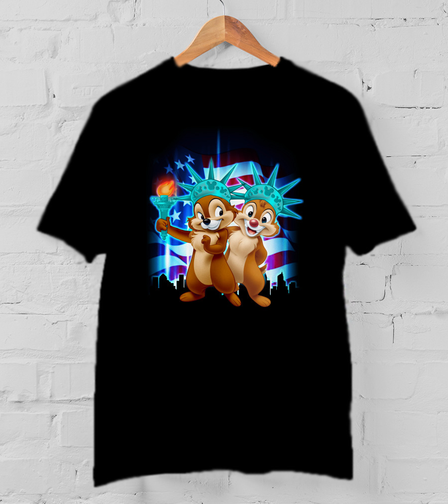 Chip And Dale Fourth Of July Statue Of Liberty With American Flag Background T-Shirt