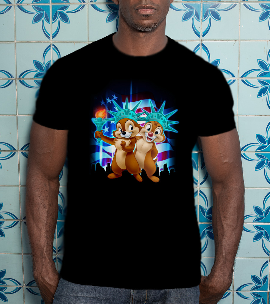 Chip And Dale Fourth Of July Statue Of Liberty With American Flag Background T-Shirt