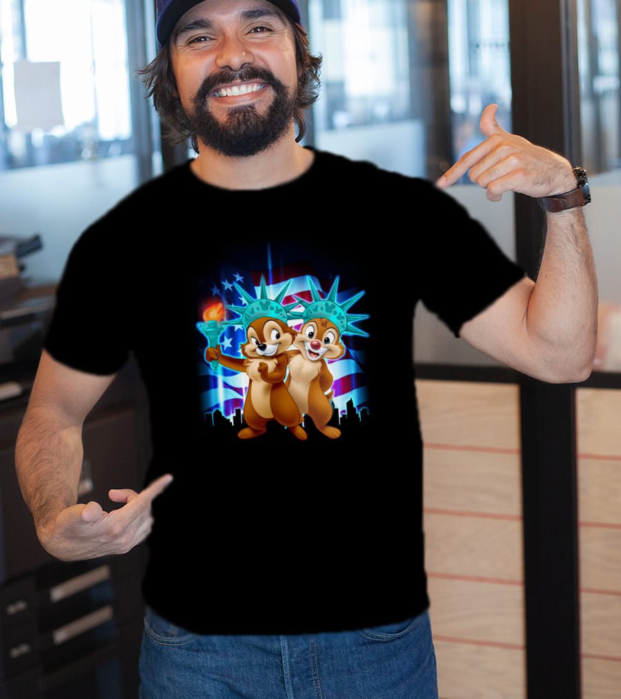 Chip And Dale Fourth Of July Statue Of Liberty With American Flag Background T-Shirt