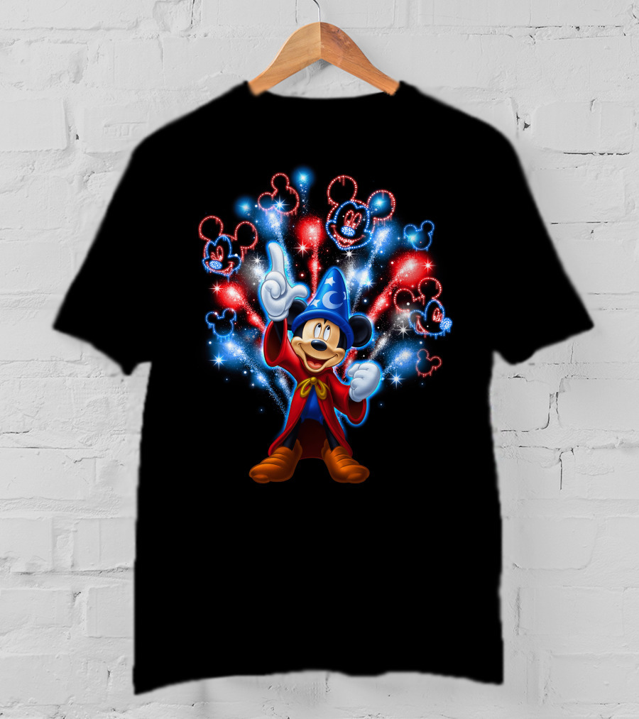 Sorcerer Mickey Mouse Red And Blue Fireworks Show T-Shirt