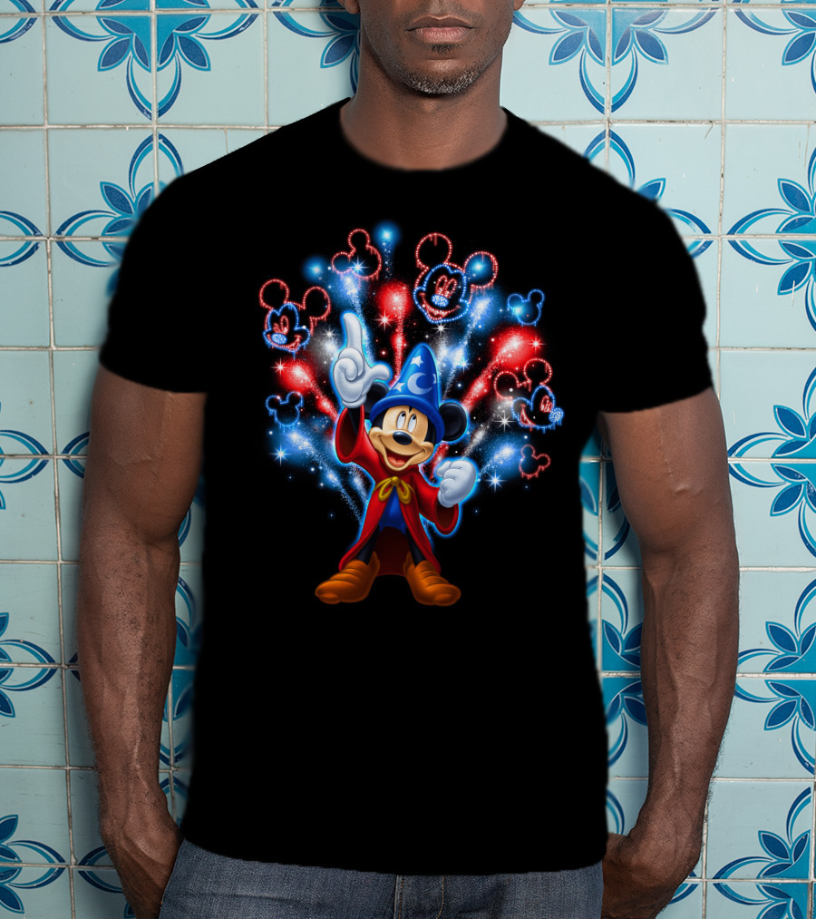 Sorcerer Mickey Mouse Red And Blue Fireworks Show T-Shirt