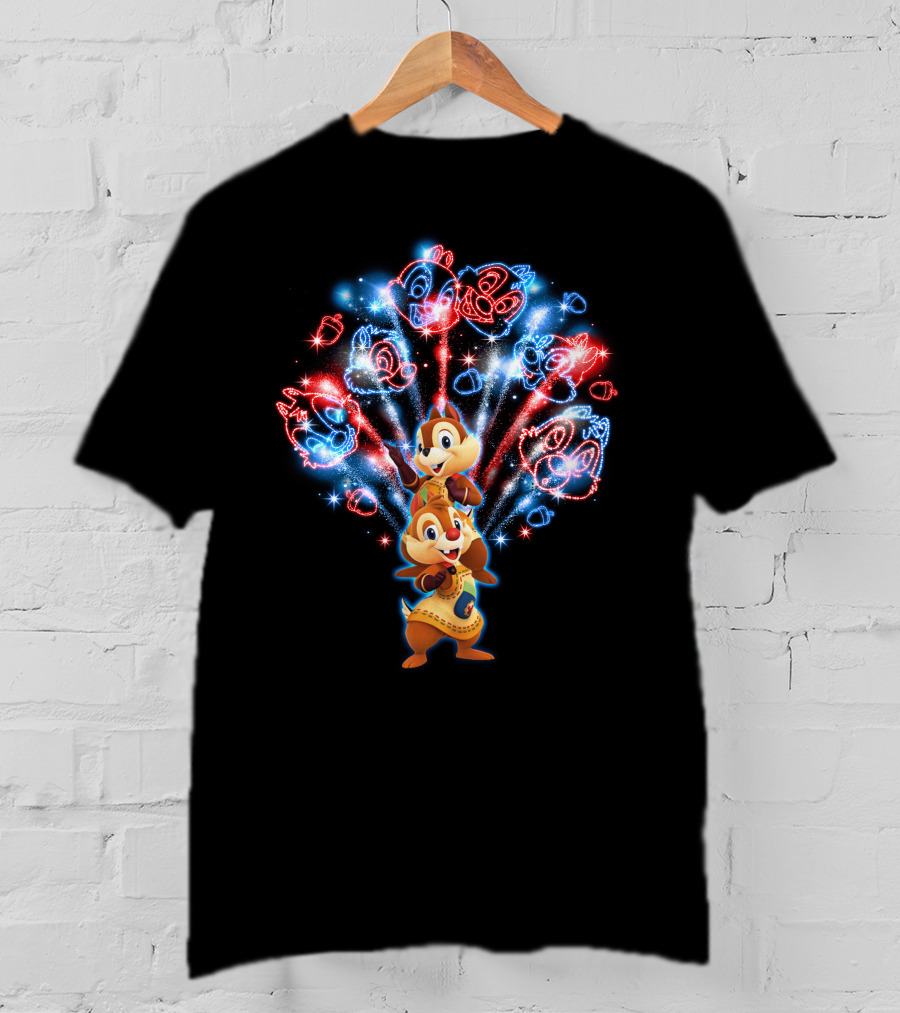 Chip And Dale Firework Celebration With Sparkling Characters T-Shirt