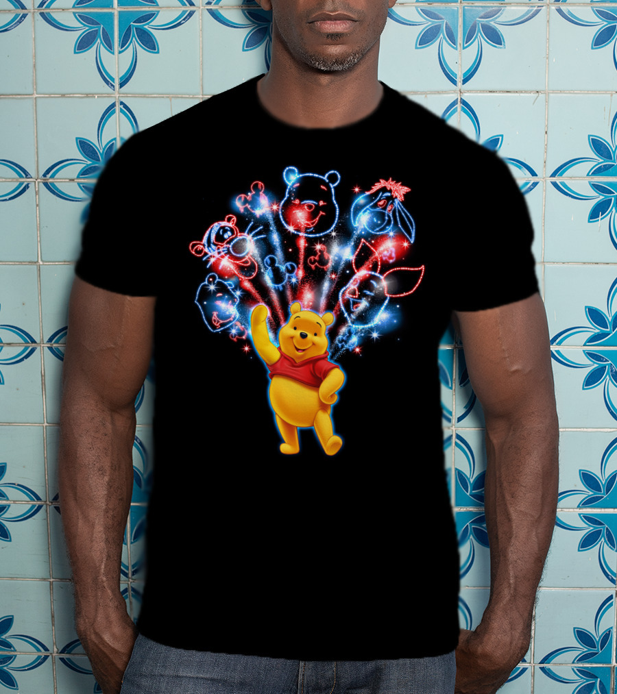 Winnie The Pooh Fireworks Celebration With Tigger Eeyore Piglet And Mickey Shapes T-Shirt