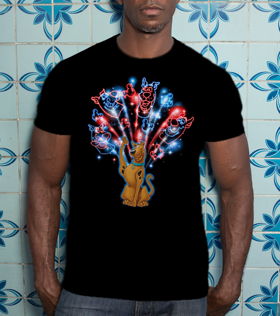 Scooby-Doo Fireworks Celebration Display With Colorful Firework Outlines T-Shirt