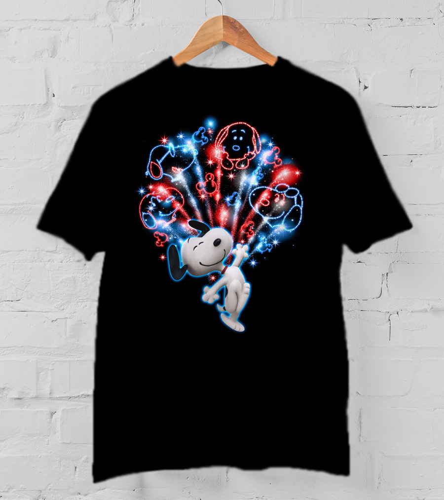 Snoopy Firework Celebration With Peanuts Characters In Red And Blue T-Shirt
