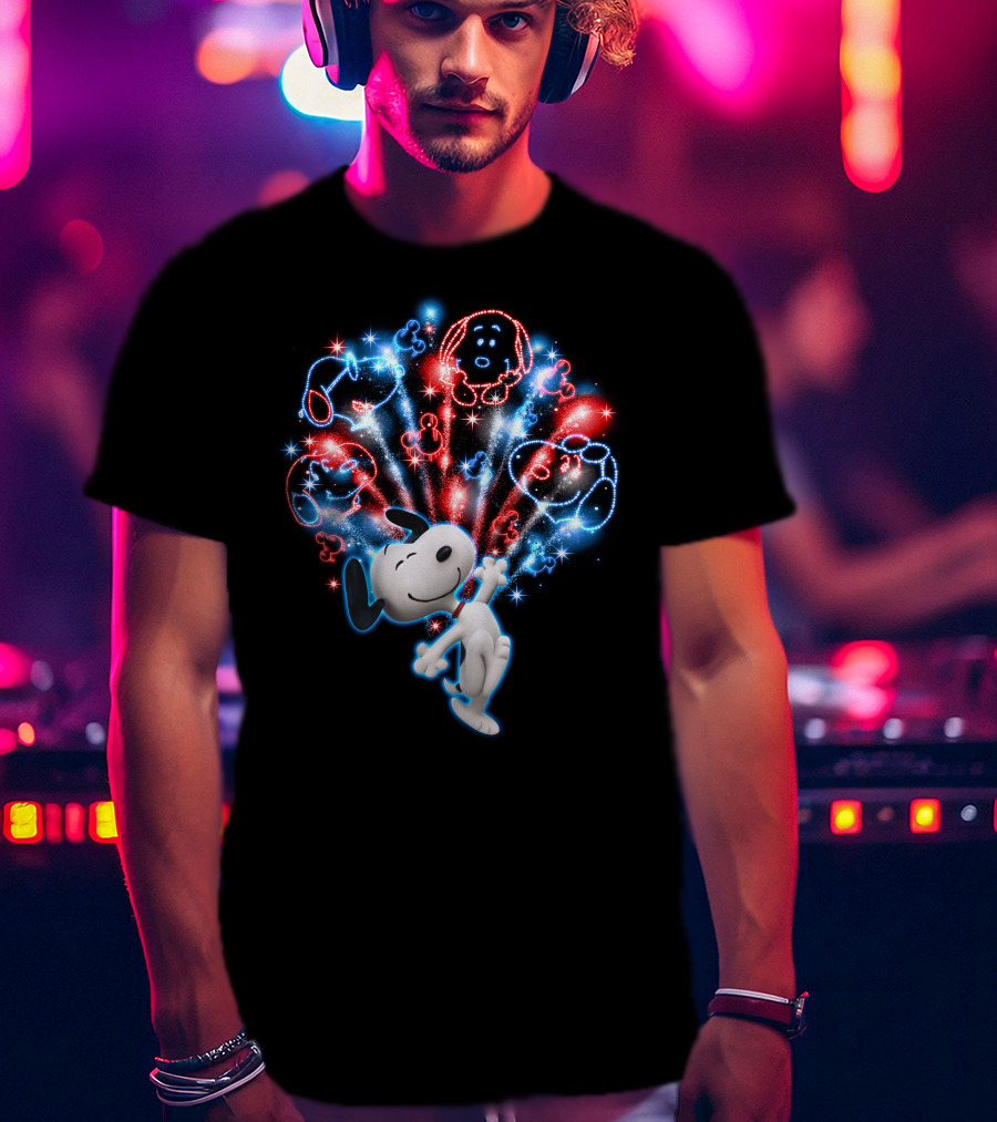 Snoopy Firework Celebration With Peanuts Characters In Red And Blue T-Shirt