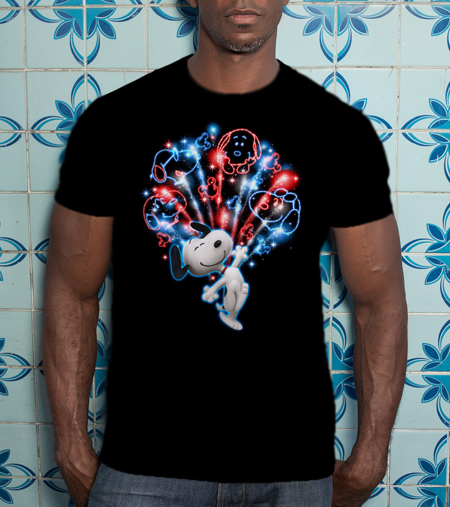 Snoopy Firework Celebration With Peanuts Characters In Red And Blue T-Shirt