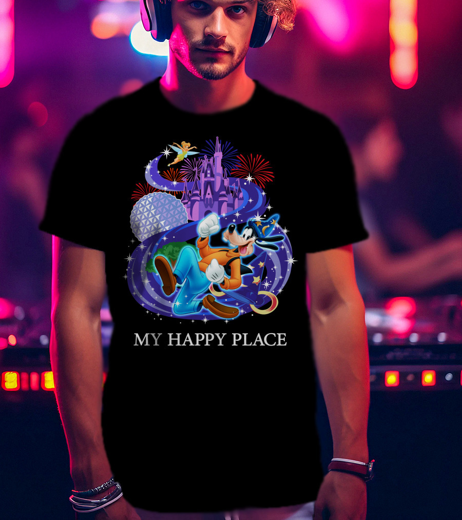 Goofy In My Happy Place With Castle And Fireworks T-Shirt