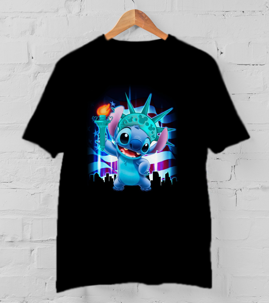 Stitch Statue Liberty American Flag Skyline T-Shirt