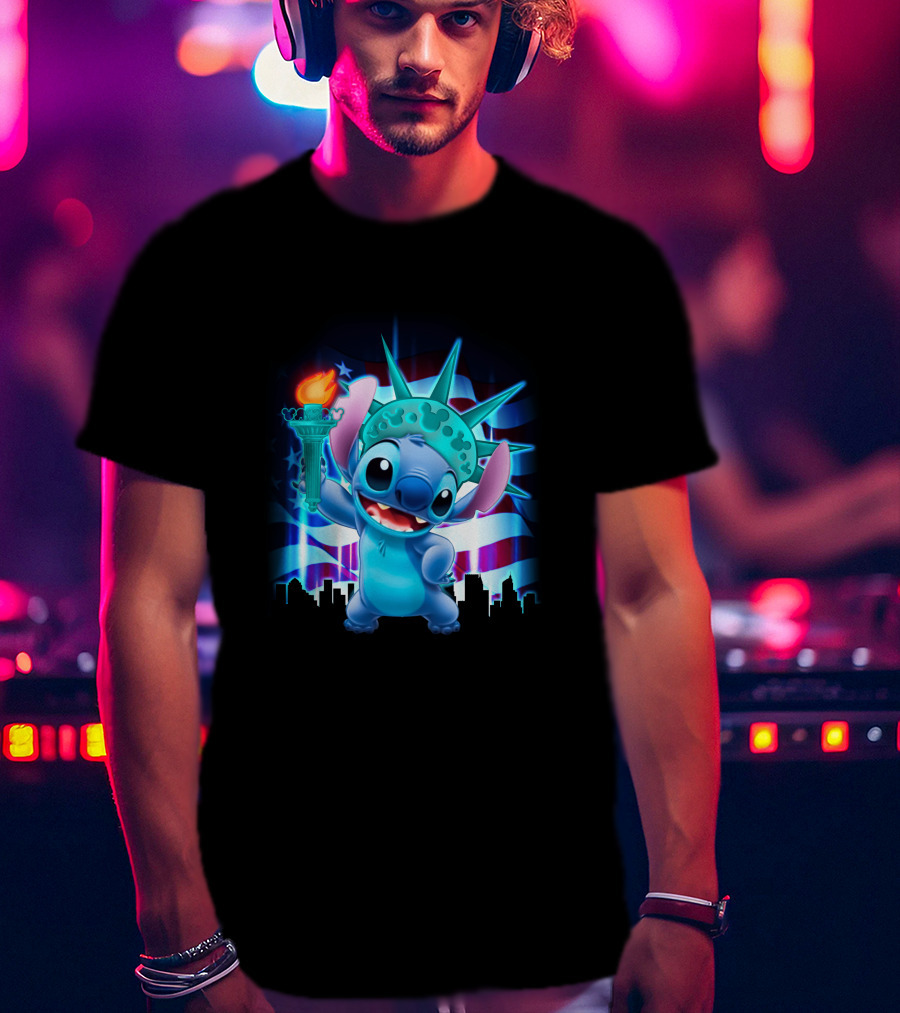 Stitch Statue Liberty American Flag Skyline T-Shirt