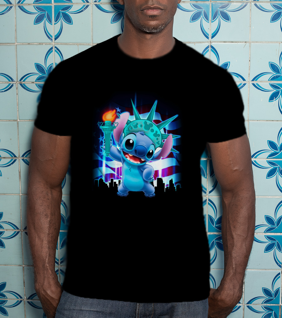Stitch Statue Liberty American Flag Skyline T-Shirt