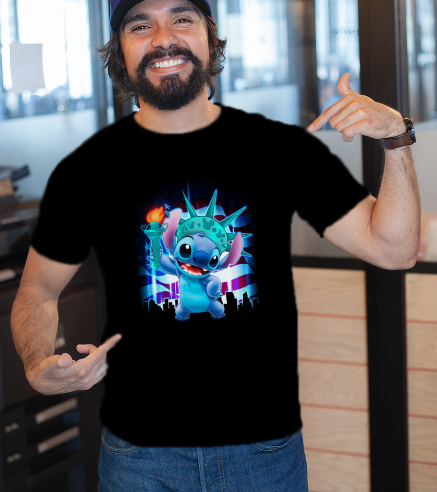 Stitch Statue Liberty American Flag Skyline T-Shirt