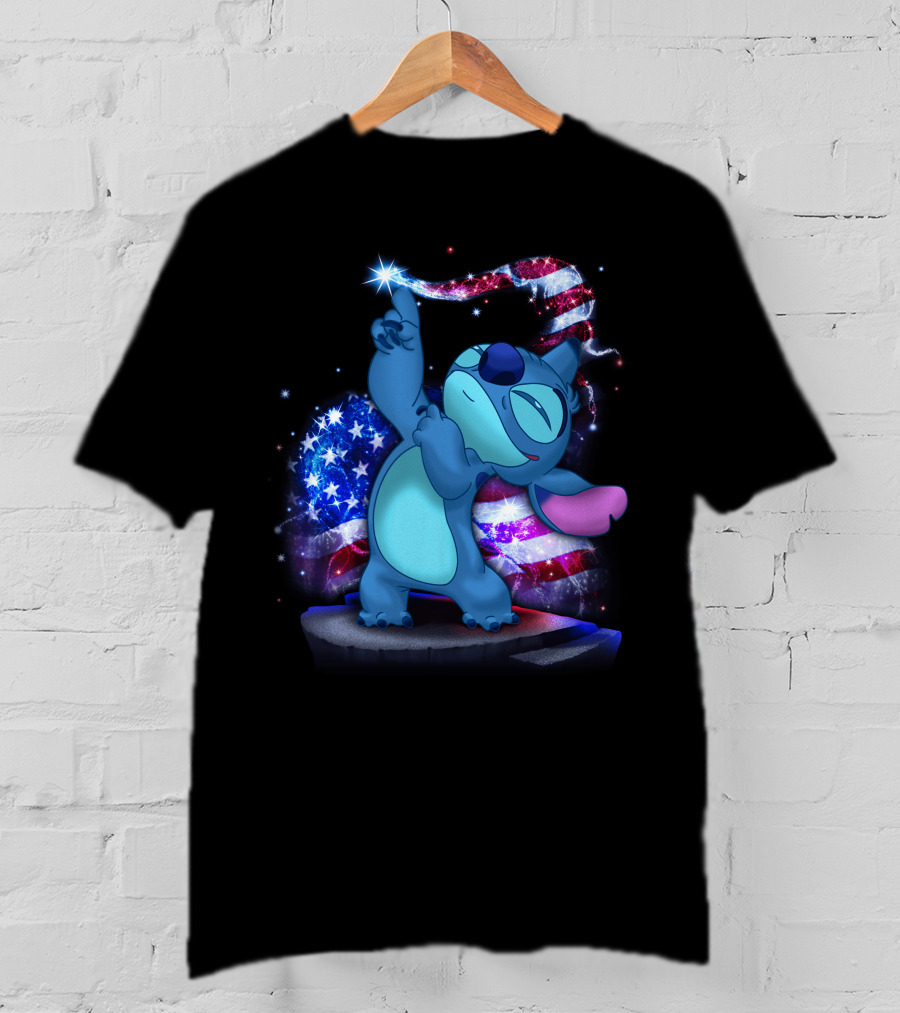 Stitch Bling July American Flag Fireworks Magic T-Shirt