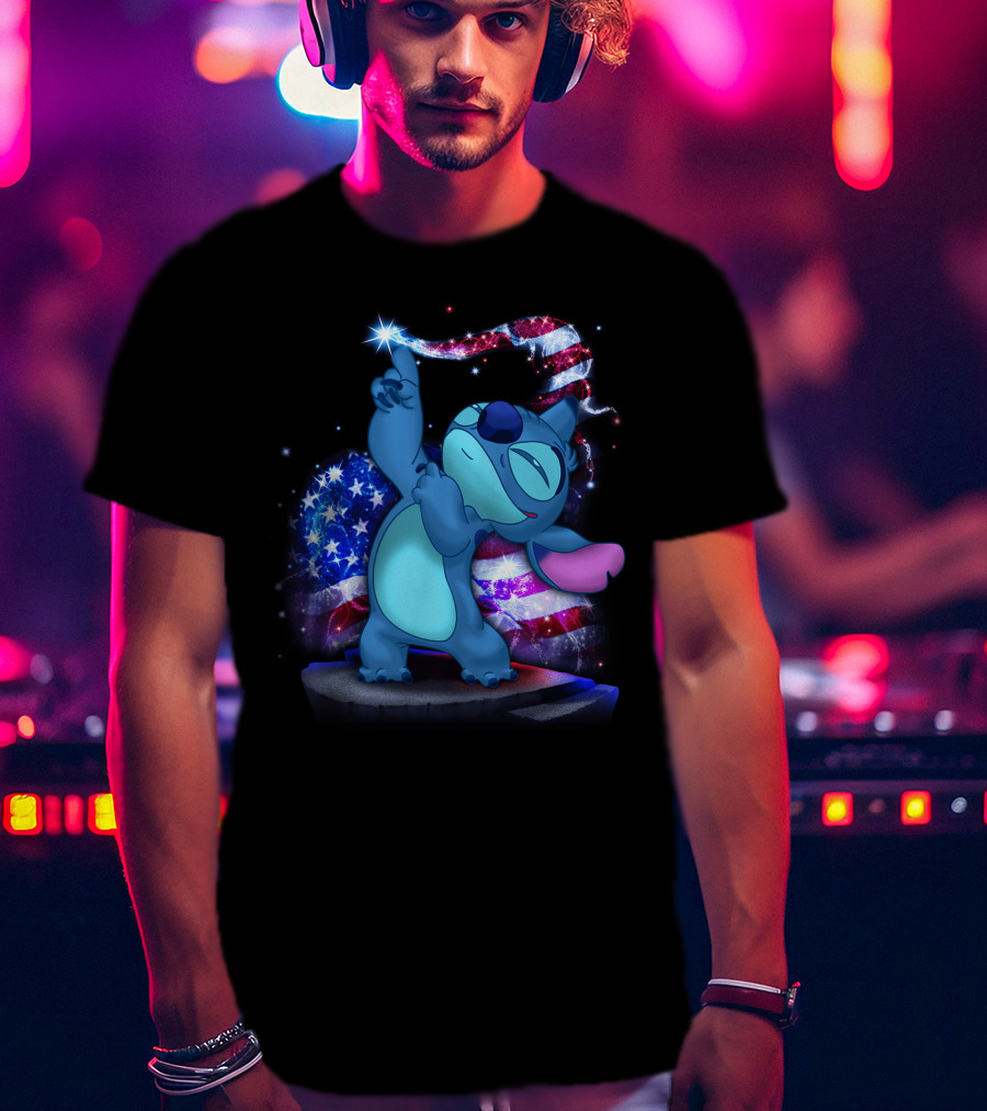 Stitch Bling July American Flag Fireworks Magic T-Shirt