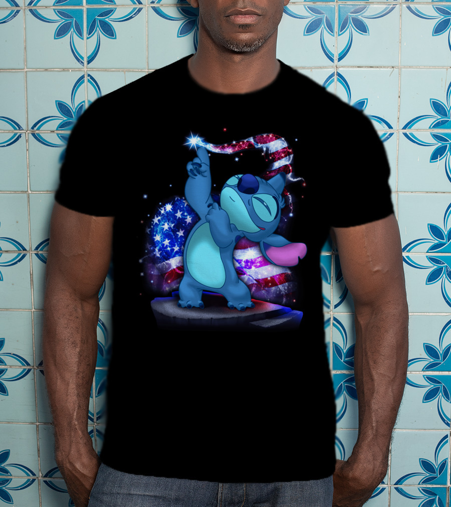 Stitch Bling July American Flag Fireworks Magic T-Shirt