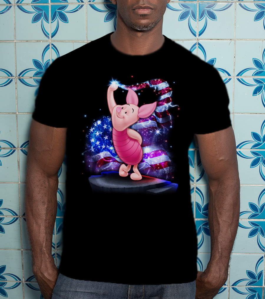Piglet Bling July American Flag Sparkle T-Shirt