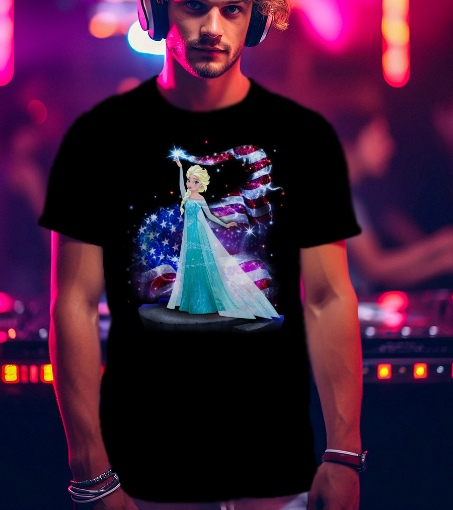 Frozen Elsa Sparkling American Flag Fourth Of July T-Shirt