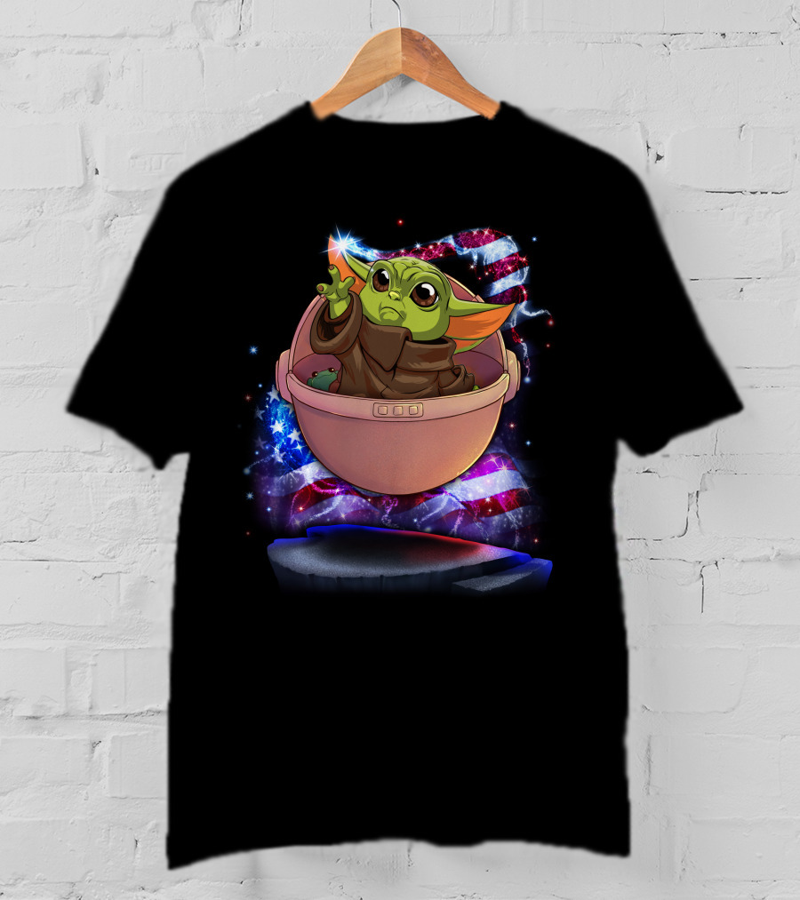 Baby Yoda Bling July American Flag Sparkle T-Shirt