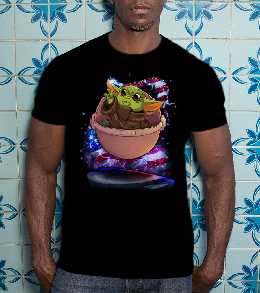 Baby Yoda Bling July American Flag Sparkle T-Shirt