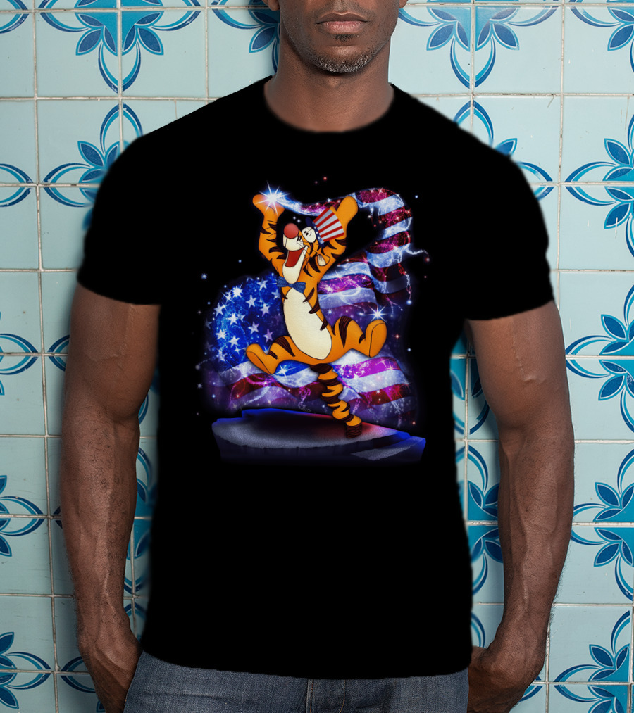 Tigger Bling Fourth Of July Celebration With Sparkling American Flag T-Shirt