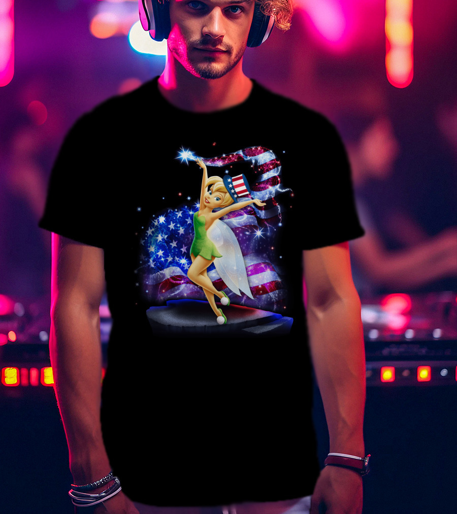 Tinkerbell Bling July Patriotic Sparkle With American Flag And Stars T-Shirt