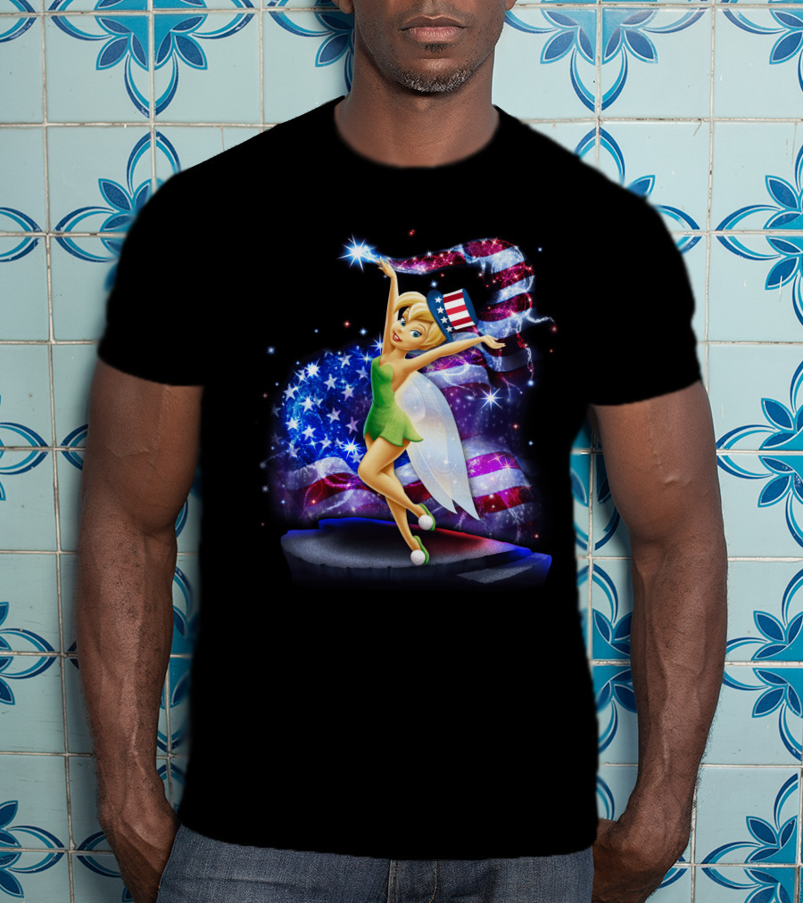 Tinkerbell Bling July Patriotic Sparkle With American Flag And Stars T-Shirt