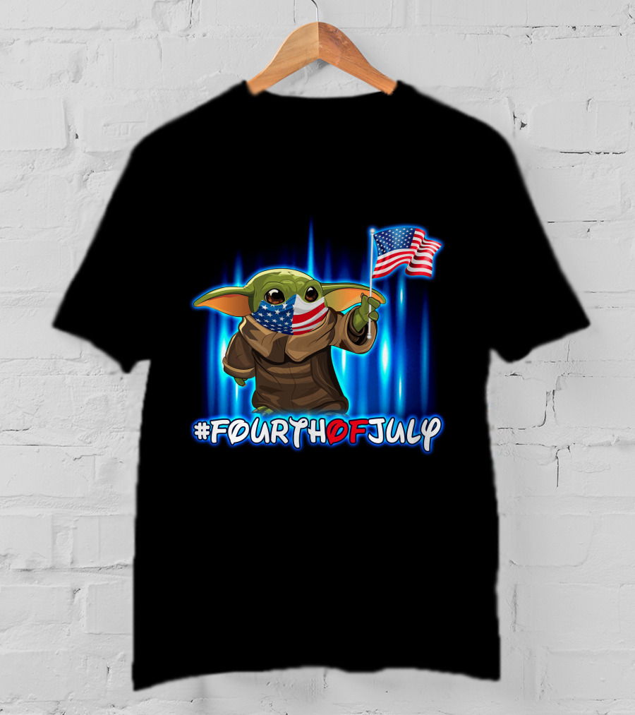 FOURTHOFJULY Baby Yoda With American Flag T-Shirt
