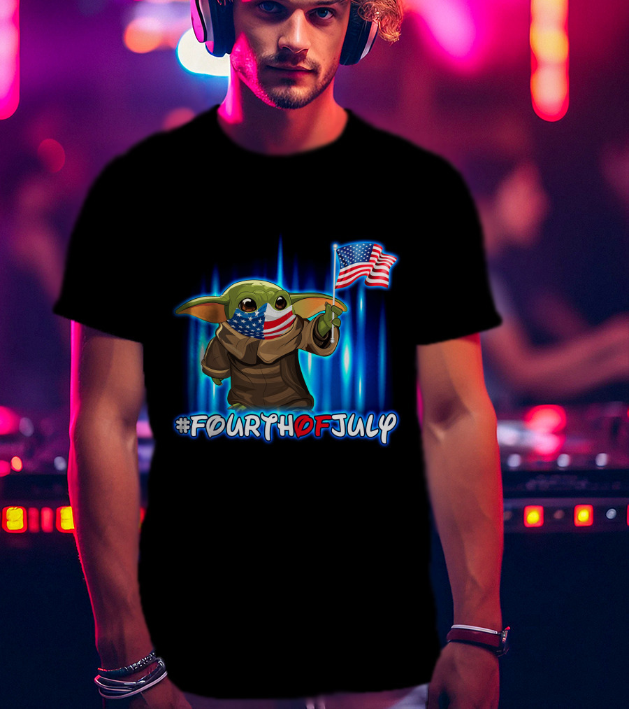 FOURTHOFJULY Baby Yoda With American Flag T-Shirt