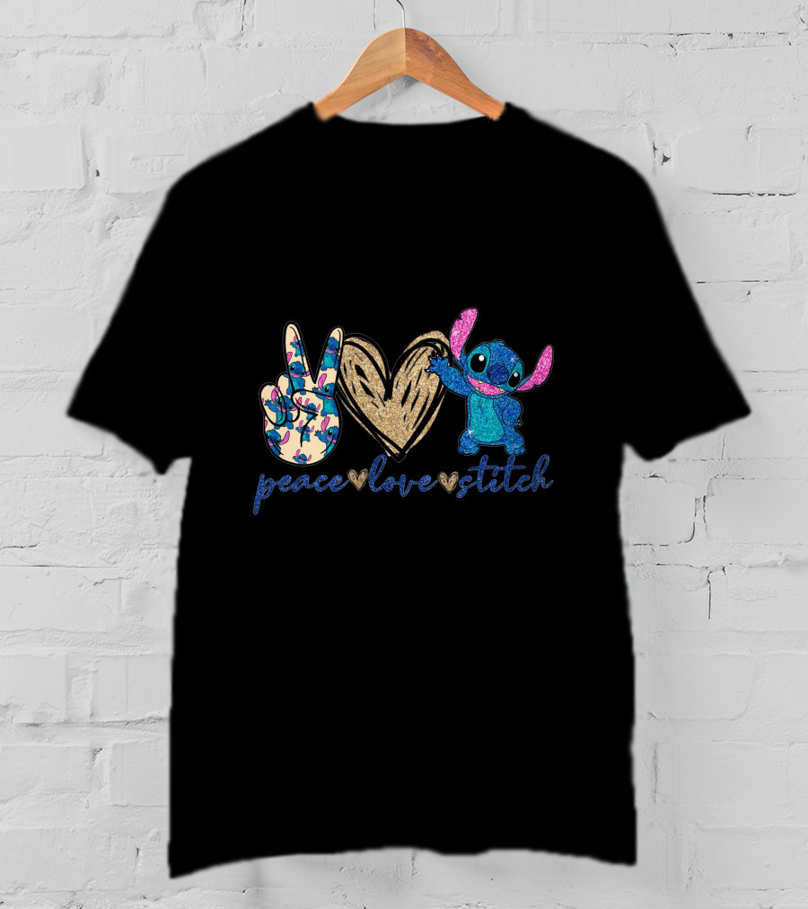 Peace Love Stitch Glittery Heart And Peace Sign T-Shirt
