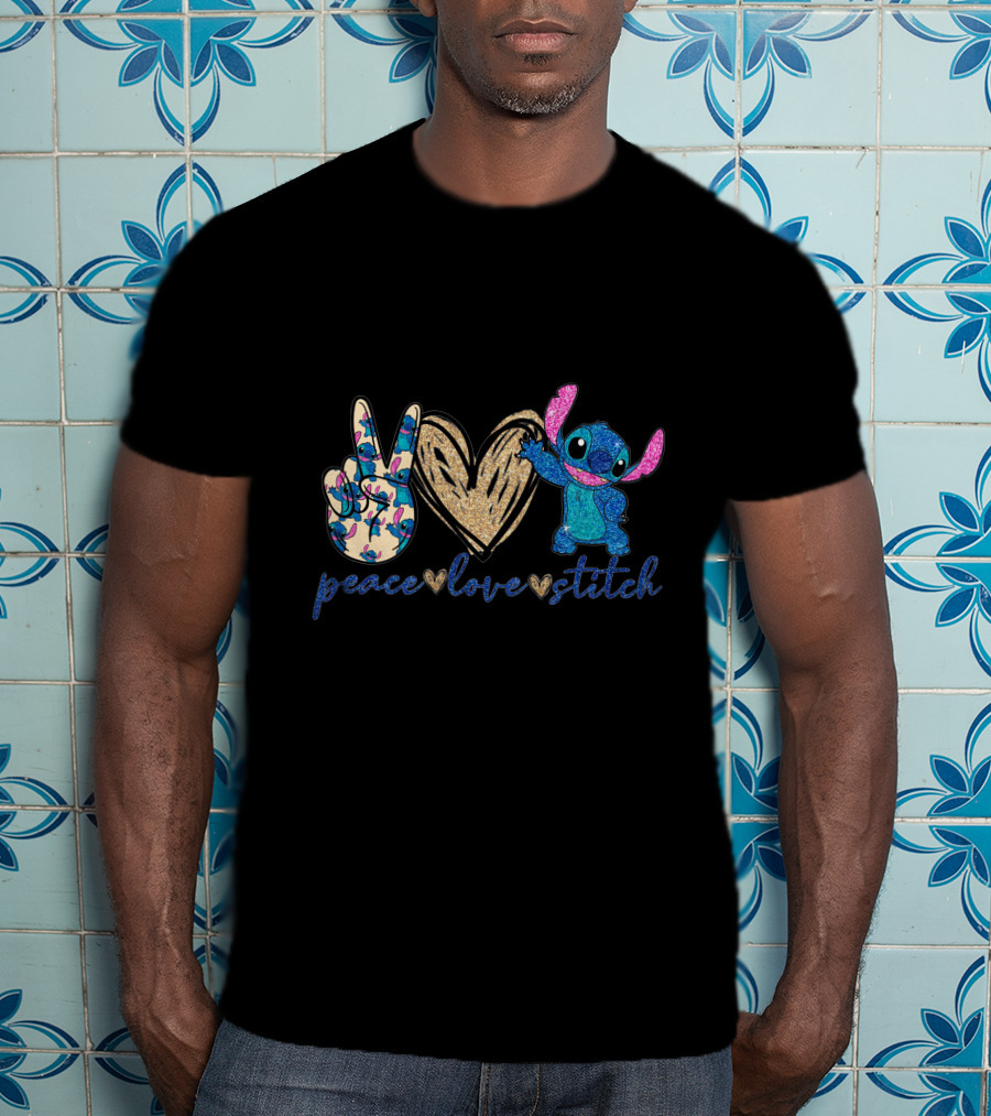 Peace Love Stitch Glittery Heart And Peace Sign T-Shirt