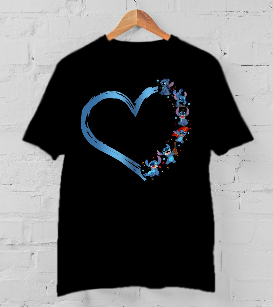 I Love Stitch Heart Shaped Blue Brush Characters T-Shirt