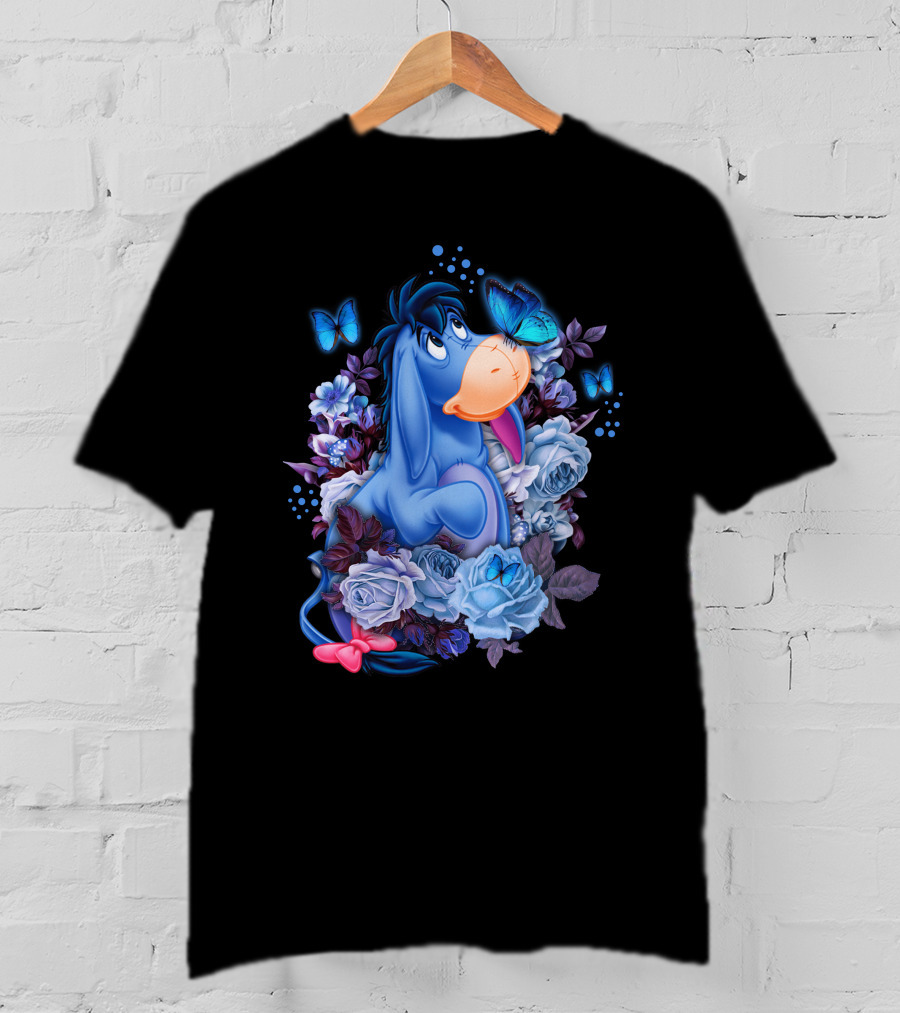 Eeyore Surrounded By Blue Flowers And Butterflies T-Shirt
