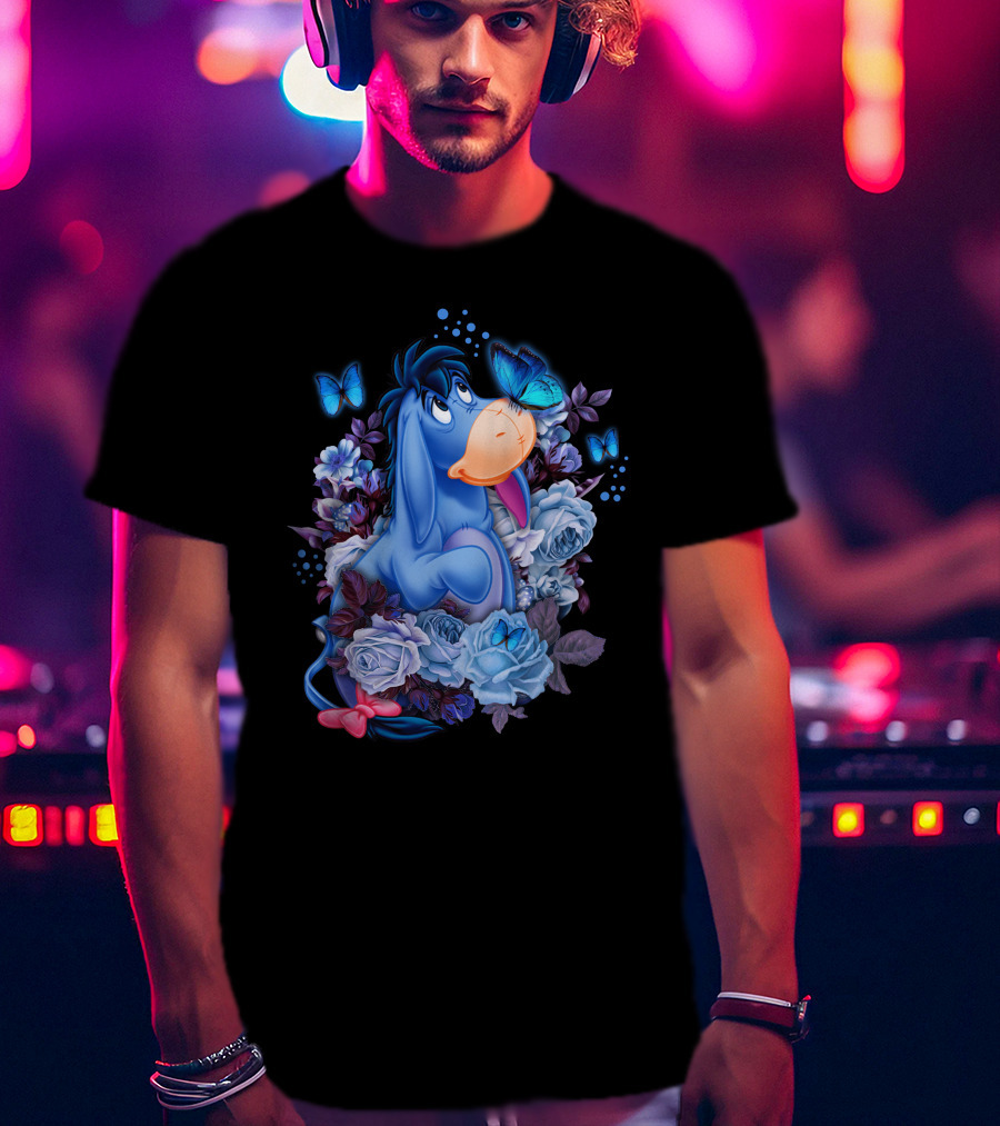 Eeyore Surrounded By Blue Flowers And Butterflies T-Shirt