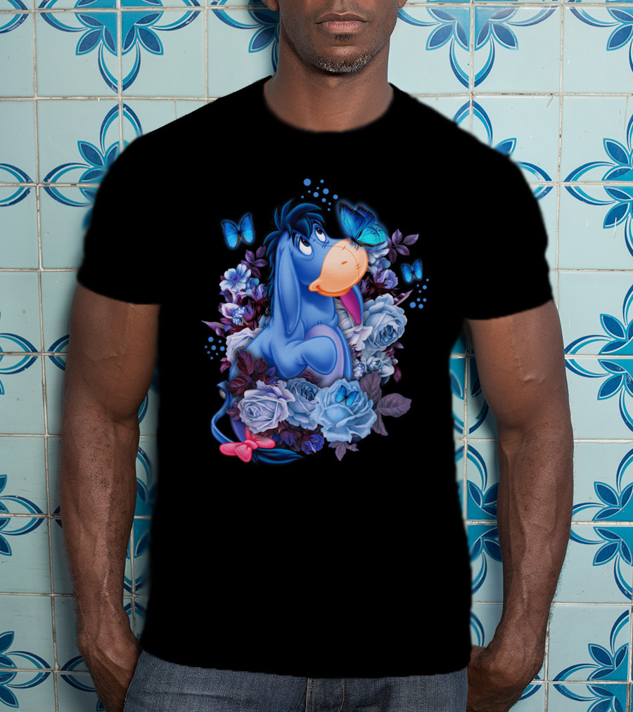 Eeyore Surrounded By Blue Flowers And Butterflies T-Shirt