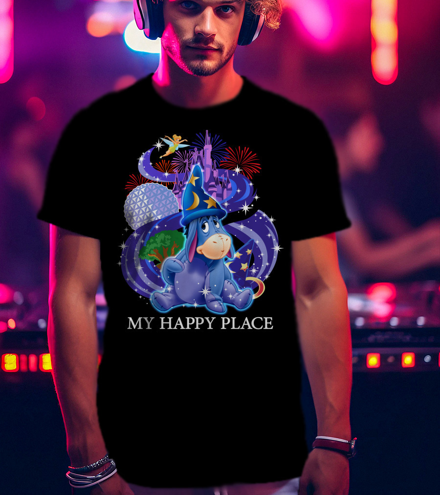 Eeyore My Happy Place Disney Castle Fireworks Spaceship Earth Tinker Bell T-Shirt