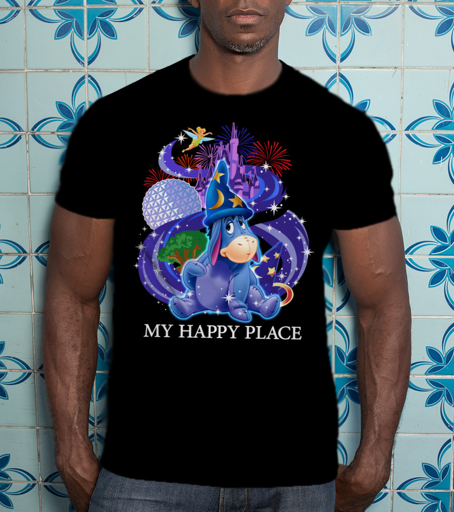Eeyore My Happy Place Disney Castle Fireworks Spaceship Earth Tinker Bell T-Shirt